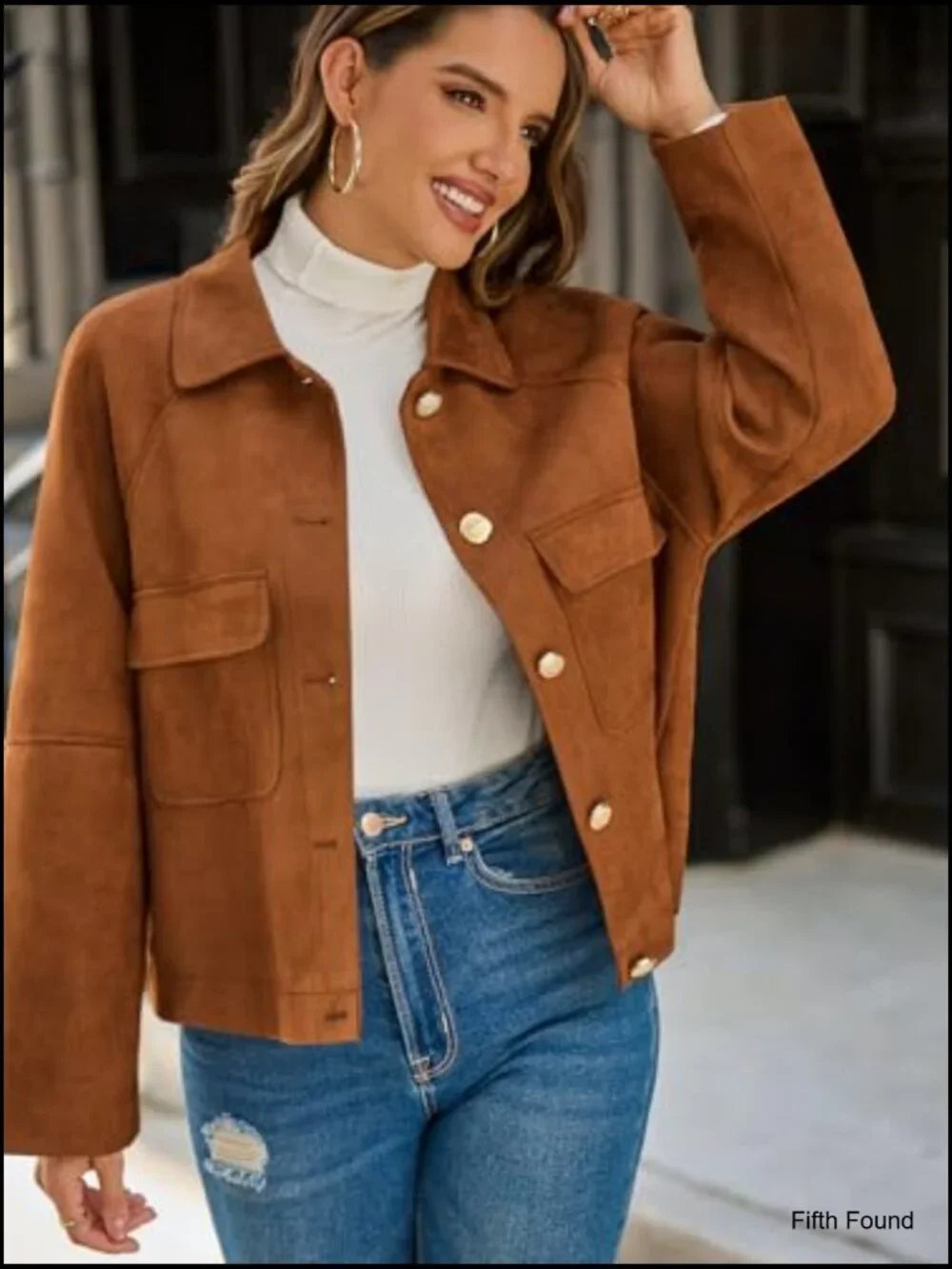 Faux Suede Leather Cropped Jacket Button Down Lapel Collar Casual Vintage - Picture 2 of 6